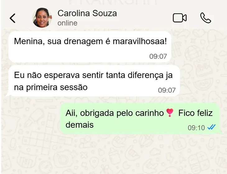 Depoimento de cliente no WhatsApp sobre drenagem linfática no SPA Gabi Cândido
