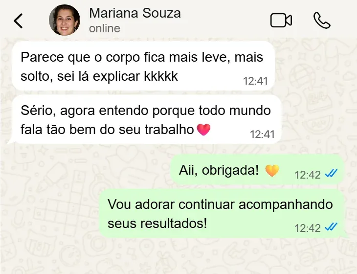 Depoimento de cliente no WhatsApp sobre resultados do tratamento estético