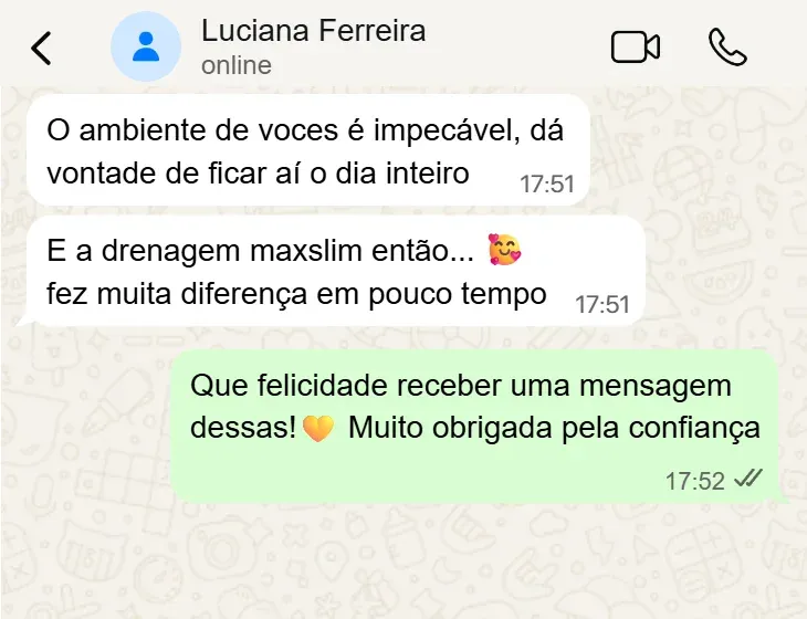 Depoimento de cliente no WhatsApp sobre experiência no SPA Gabi Cândido